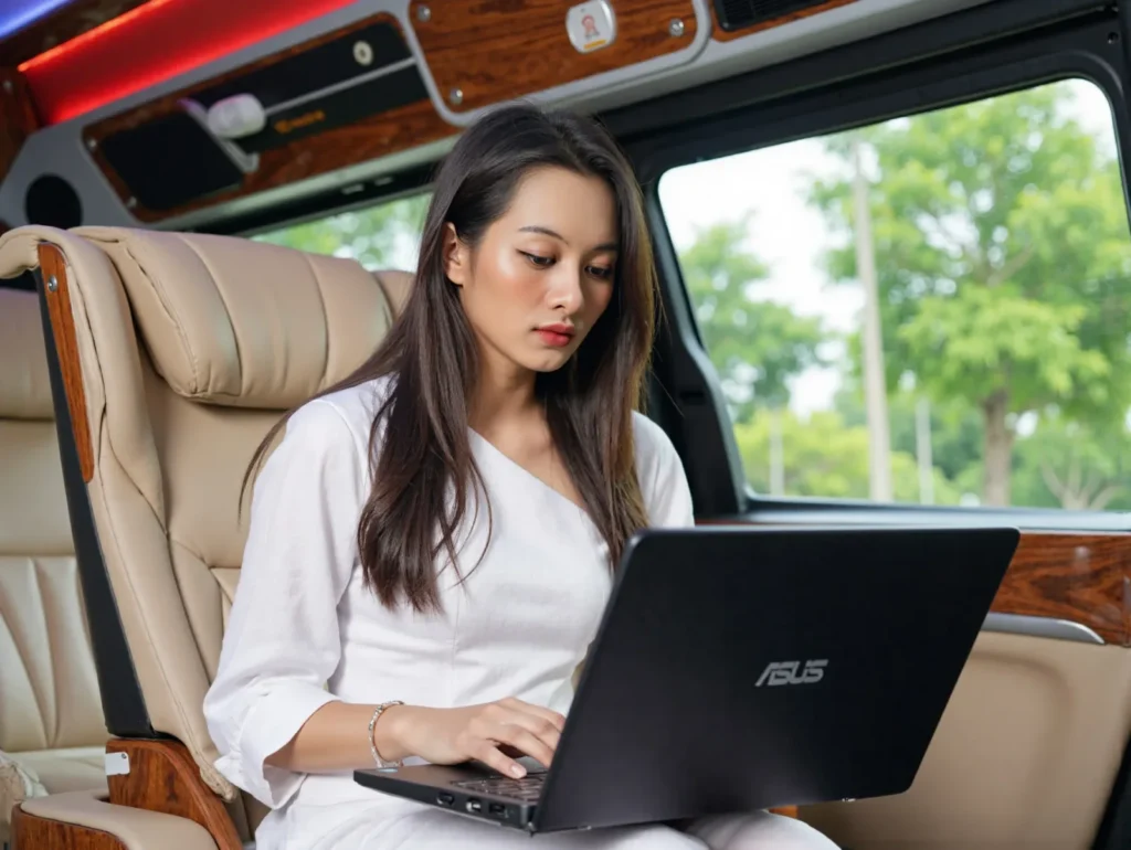 Người sử dụng máy tính trong khoang xe Limousine