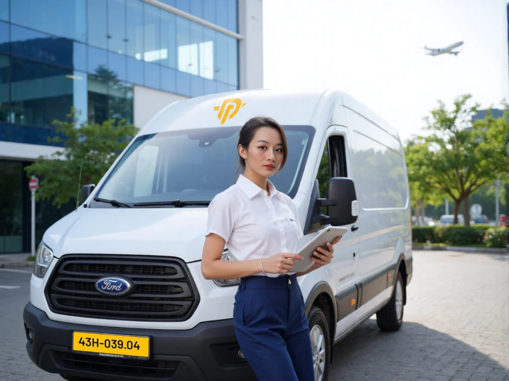 Xe Ford và người cầm máy tính bảng bên xe