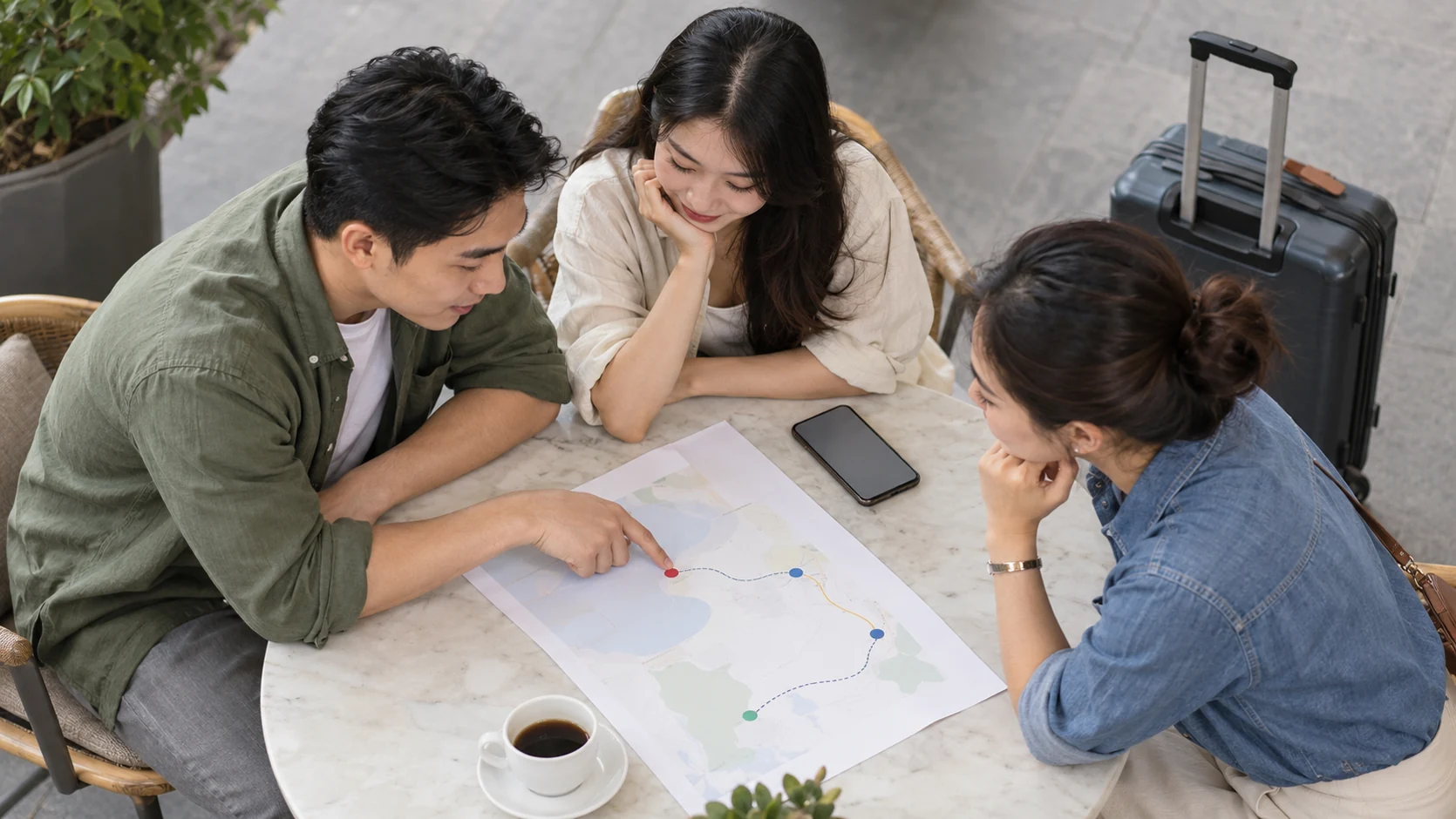 Ba người cùng xem sơ đồ lịch trình và trao đổi phương án di chuyển