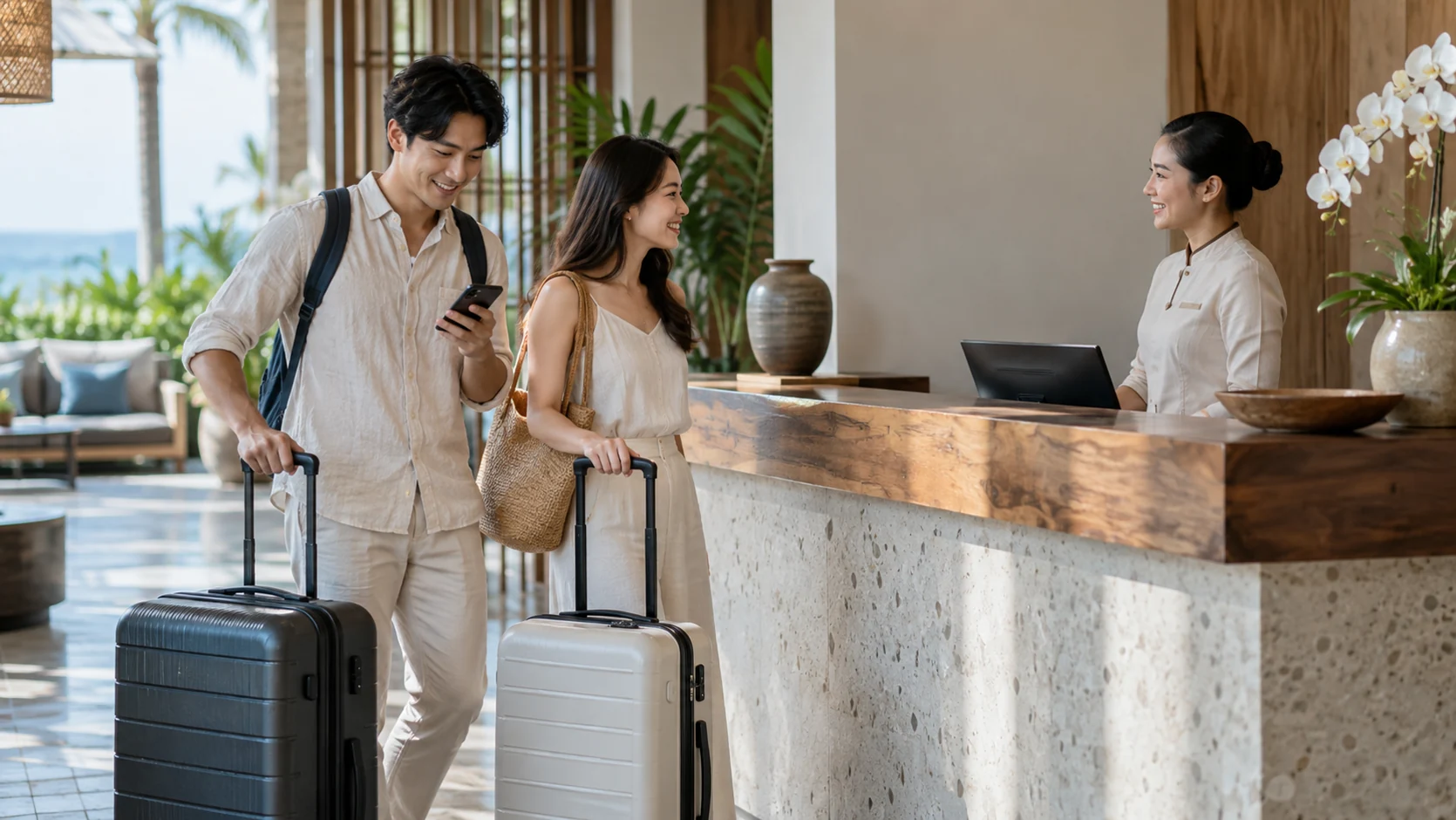 Hai người mang vali đến quầy lễ tân để nhận phòng
