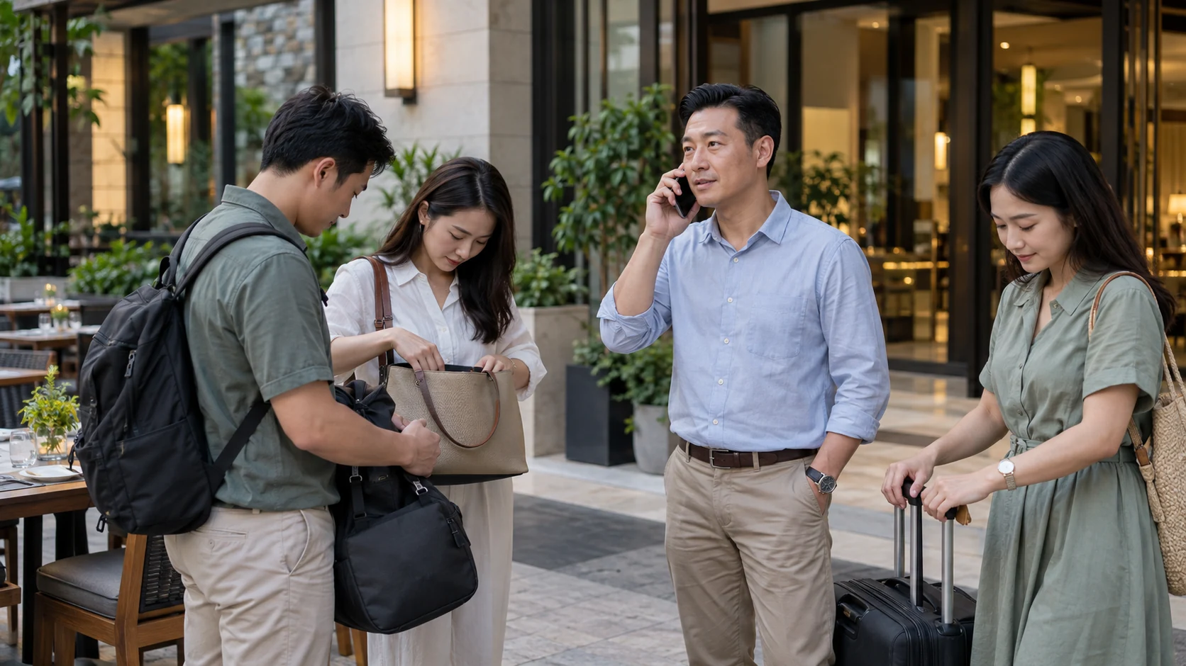 Một người gọi điện xác nhận chuyến về khi cả nhóm tập trung tại điểm hẹn
