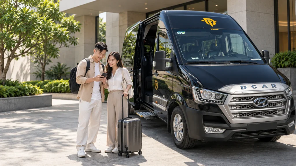 Hai người đi cùng vali trao đổi lịch trình bên xe đón tại khách sạn