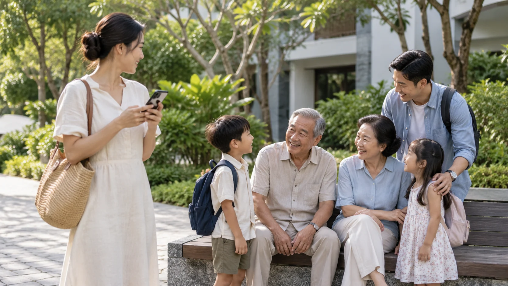Một người đại diện kiểm tra điện thoại khi gia đình tập trung tại điểm hẹn