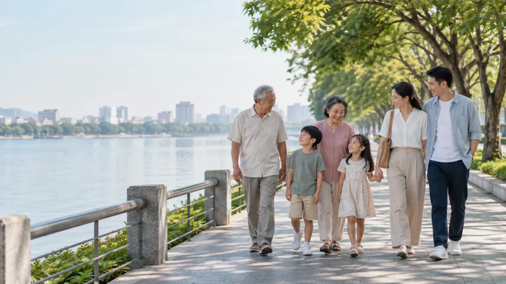 Ông bà, bố mẹ và hai trẻ nhỏ đi dạo cùng nhau trên lối đi ven sông