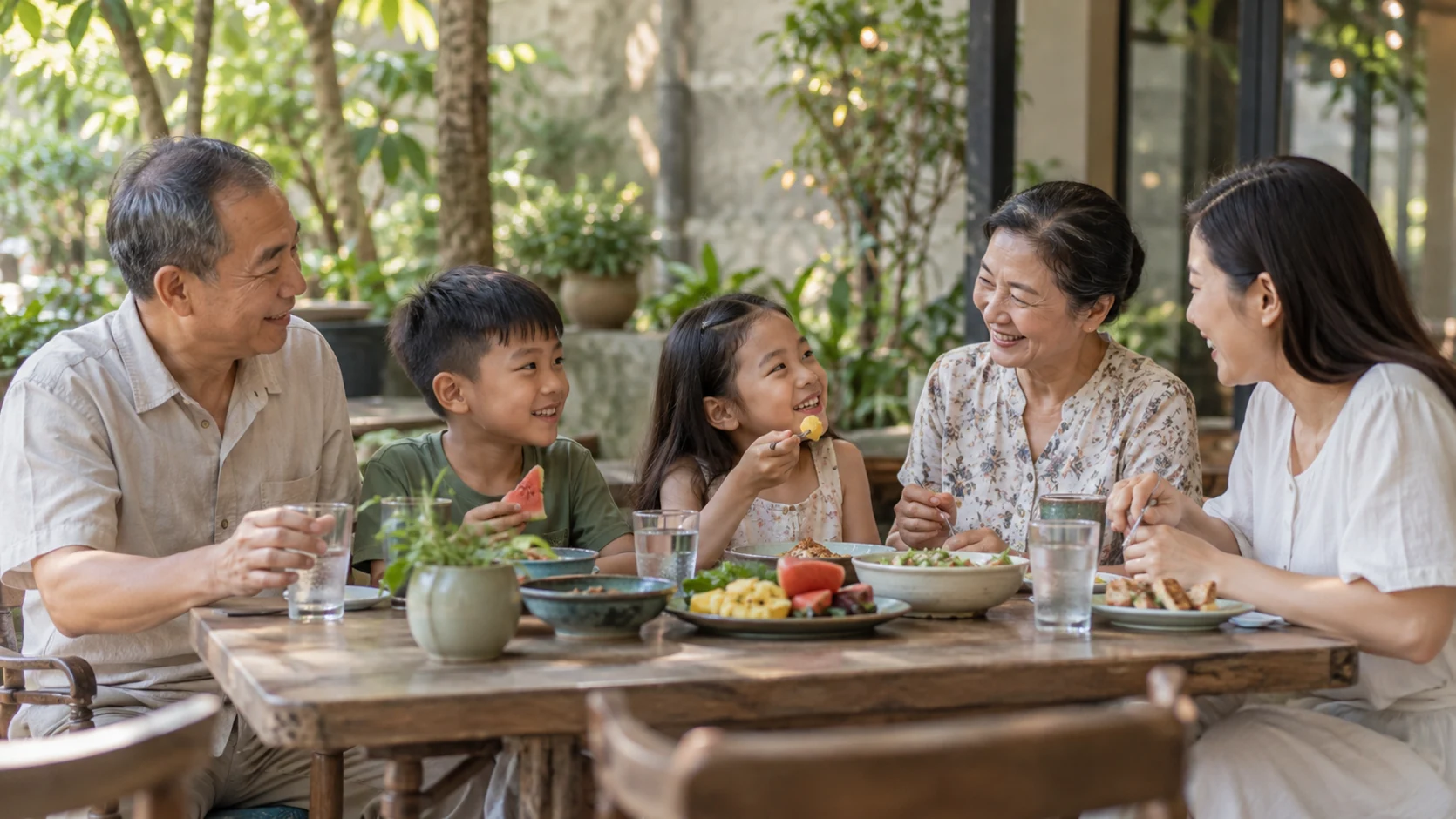 Ông bà và trẻ nhỏ ngồi nghỉ, uống nước tại một quán có bóng mát