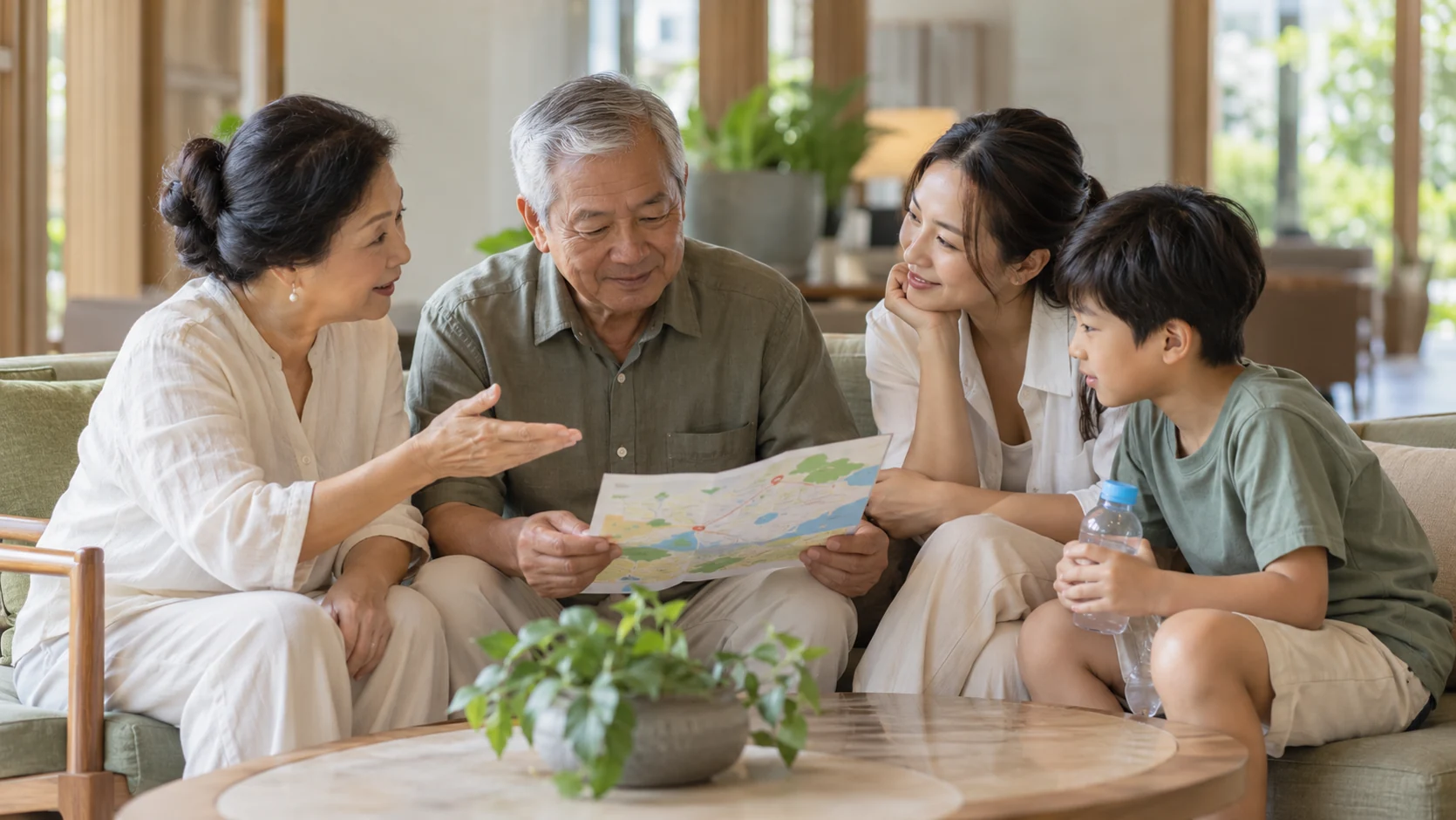 Gia đình cùng trao đổi lịch đi chơi trong phòng sinh hoạt ở khách sạn