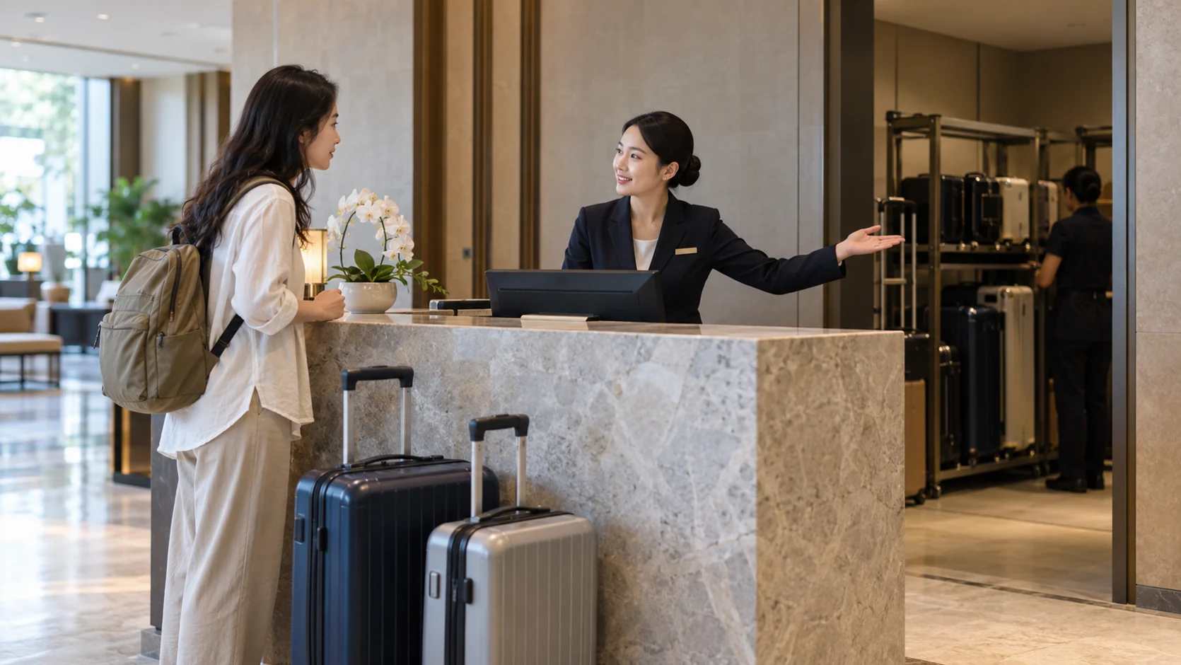 Khách trao đổi với lễ tân về hai vali sau khi trả phòng