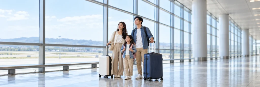 Gia đình đi cùng vali trong sảnh khởi hành sân bay