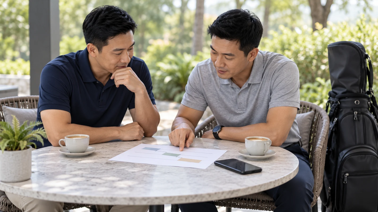 Hai người trao đổi kế hoạch di chuyển bên bàn cùng túi golf