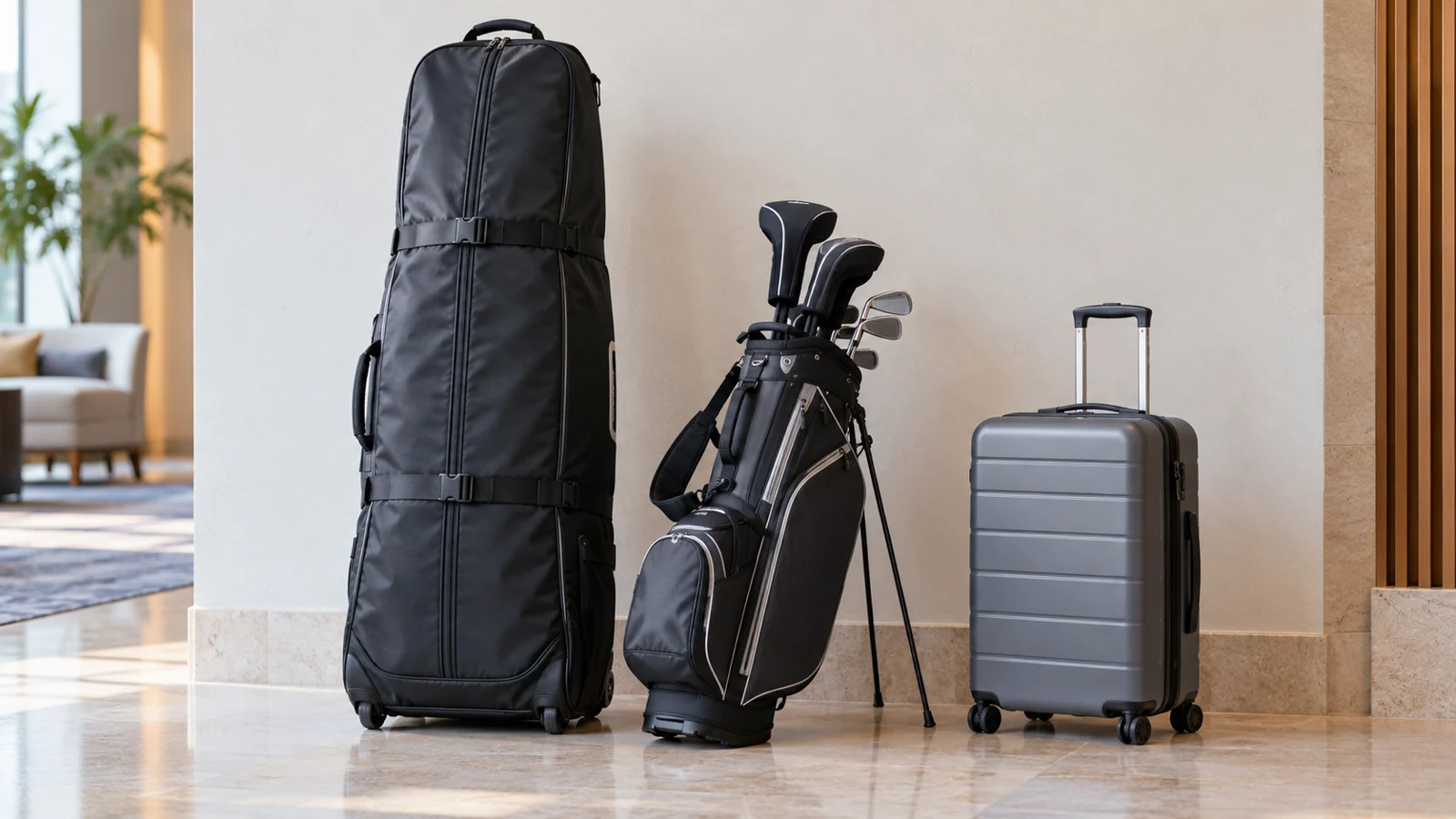 Túi bọc gậy golf, túi golf có chân chống và vali đặt cạnh nhau