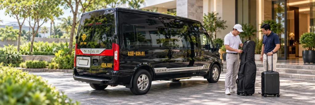 Hai người cùng túi bọc gậy và vali bên xe DCar Duy Tân