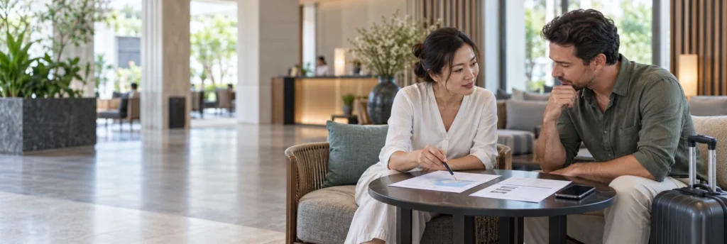Hai người trao đổi lịch trình bên bàn trong sảnh khách sạn