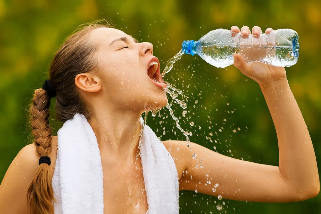 Người phụ nữ uống nước từ chai ở ngoài trời