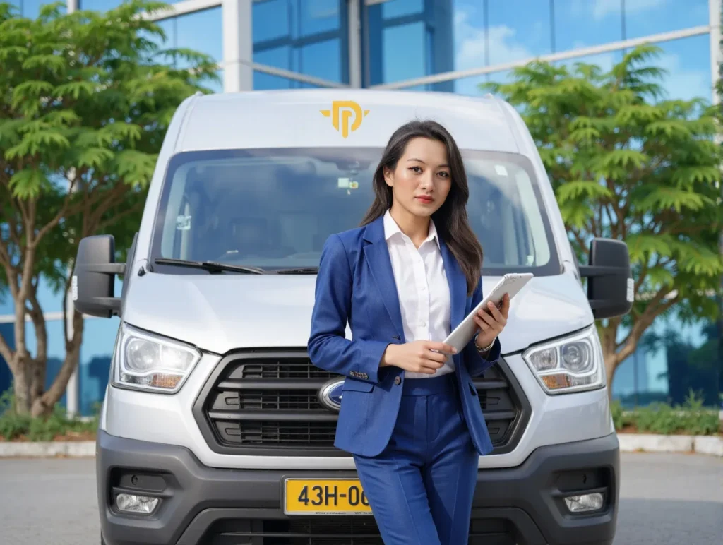 Người cầm máy tính bảng bên xe Duy Tân Limousine